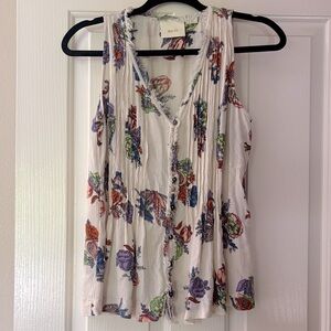 Maeve White Floral Sleeveless Button-Front Blouse